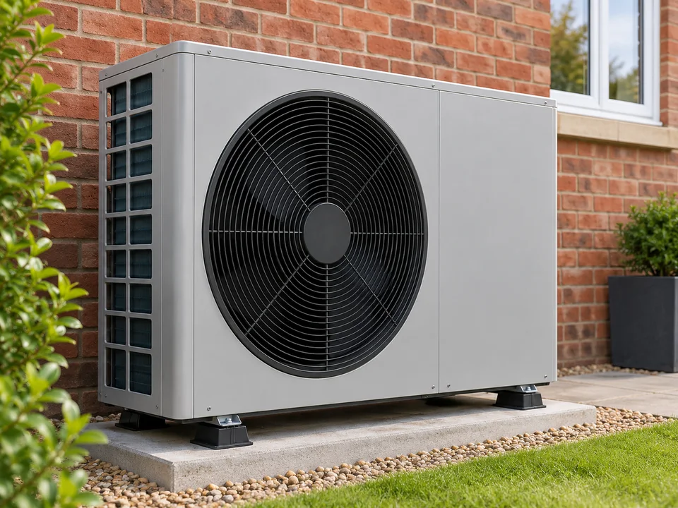 Air-source heat pump beside a brick home