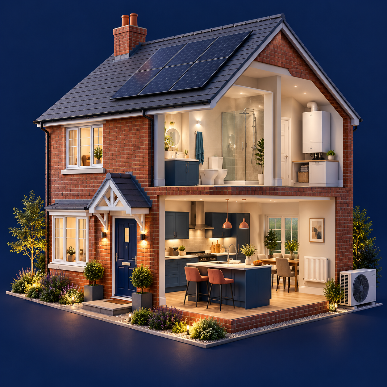 Conceptual cutaway home showing a kitchen, bathroom, closed boiler, solar panels and outdoor heat pump, with an illustrative indoor air-conditioning unit